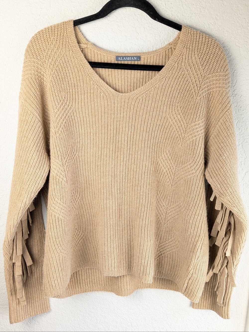 Alashan Fringe Sweater M Merino Wool Cashmere Tan Western Inspired Boho Soft
